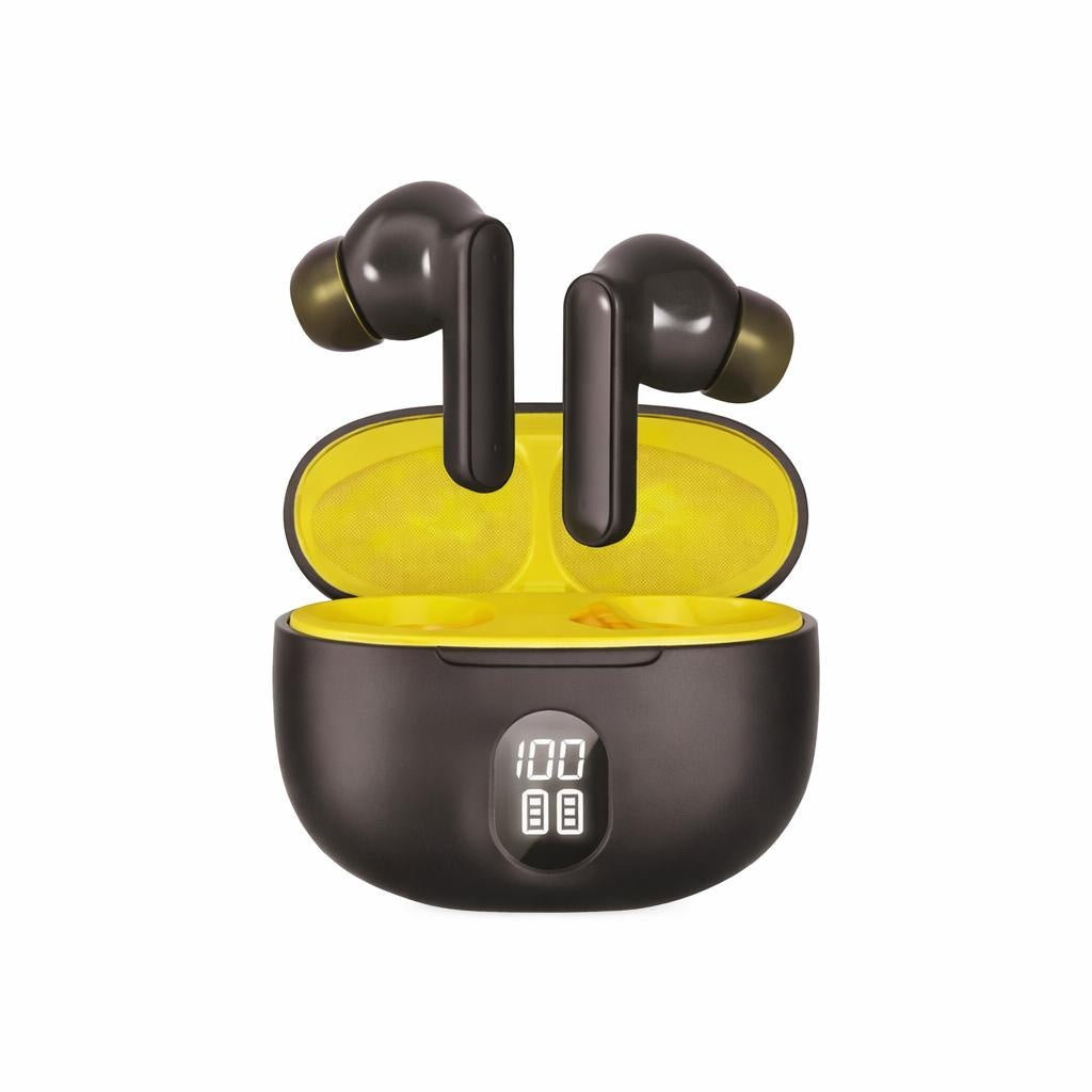 Căști wireless TWS Hongyu HY-BT11 Bluetooth 5.4 cu display LED, negru-galben