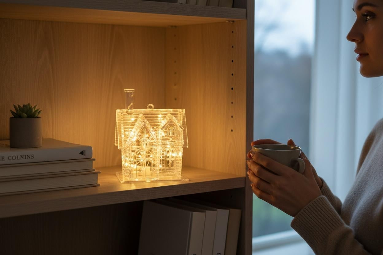 Casuta Decorativa cu Lumini LED, Efect Craciun, Transparenta, 7.5x10x6cm