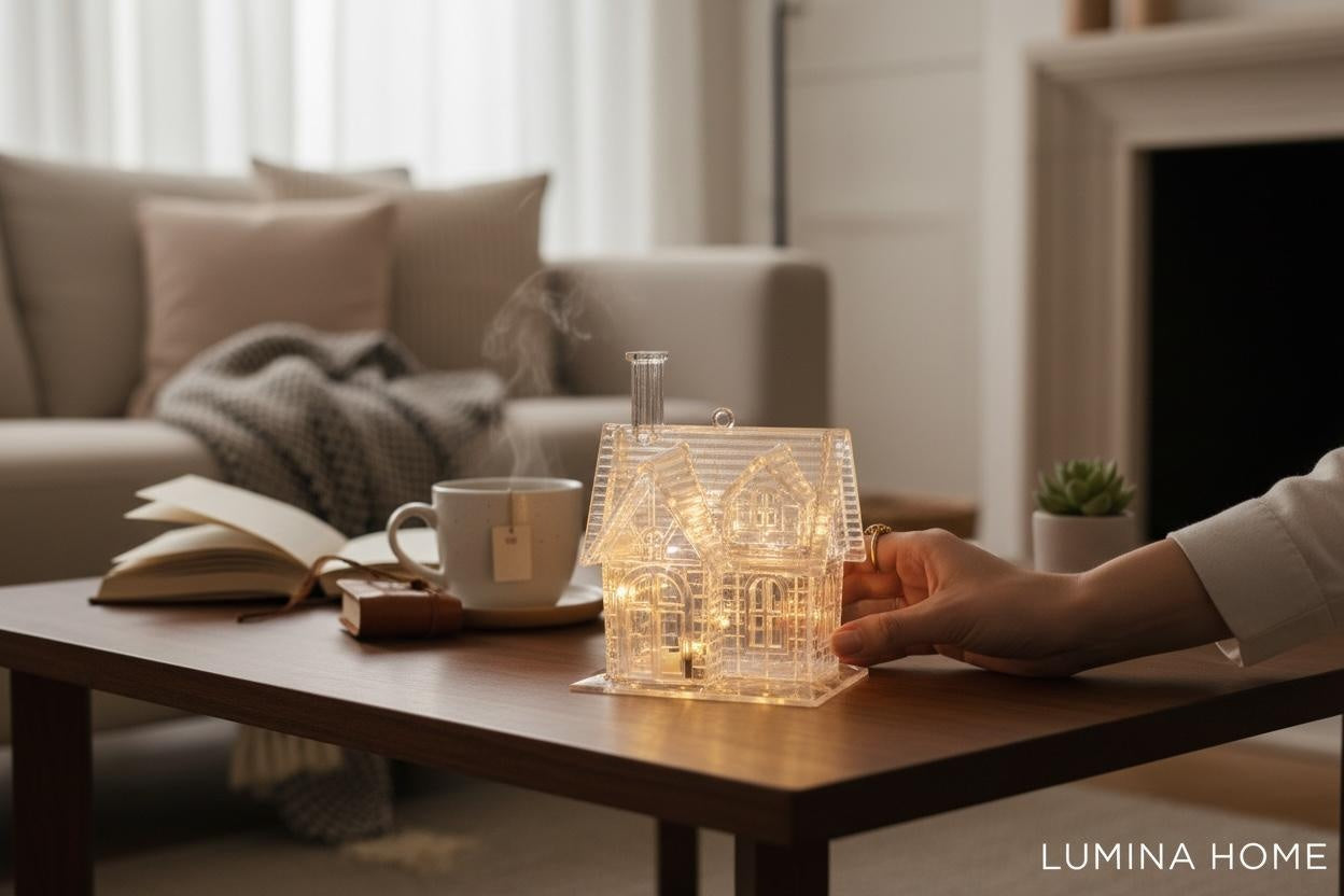 Casuta Decorativa cu Lumini LED, Efect Craciun, Transparenta, 7.5x10x6cm