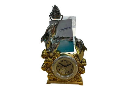 Ceas decorativ de masa cu rama foto si delfini , model marin elegant cu corabie si design auriu , decor interior 35 cm,