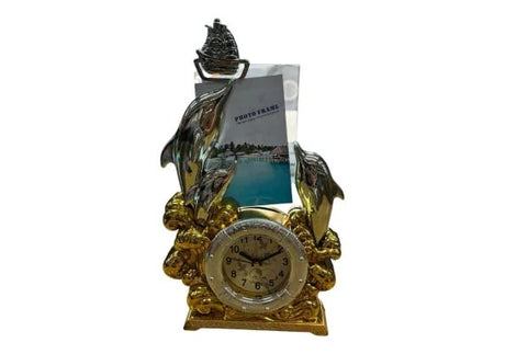 Ceas decorativ de masa cu rama foto si delfini , model marin elegant cu corabie si design auriu , decor interior 35 cm,