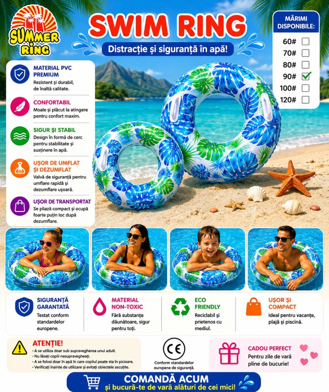 Colac Gonflabil Albastru Tropical 90 cm – Colac de Înot pentru Piscină și Plajă