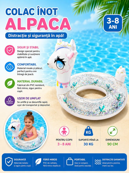 Colac Gonflabil Alpaca pentru Copii – 90 cm, Model cu Sclipici, PVC Rezistent