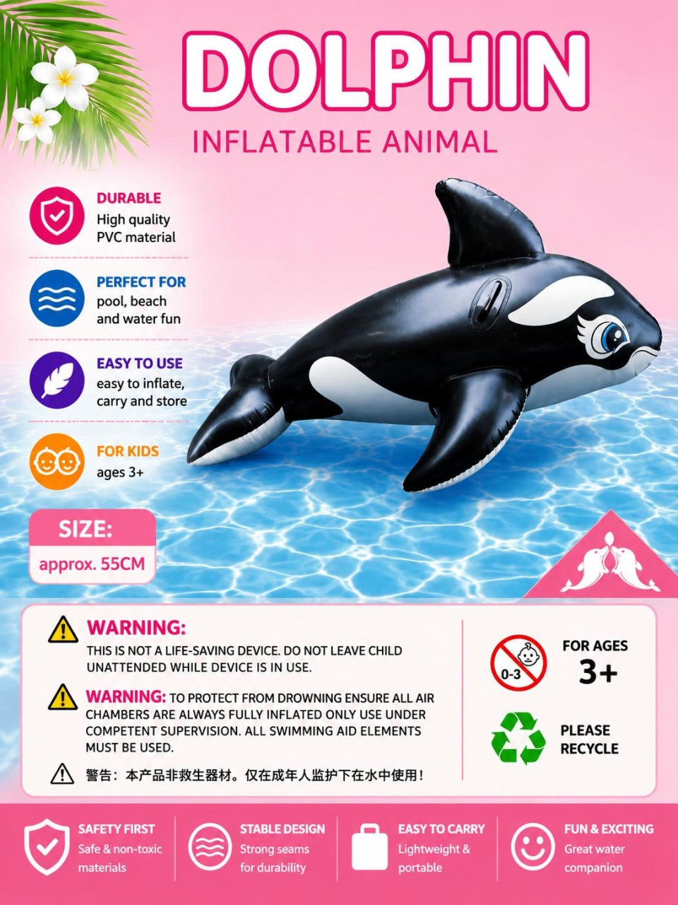 Colac gonflabil balena Orca pentru copii 150x88x55 cm, jucarie apa piscina si plaja