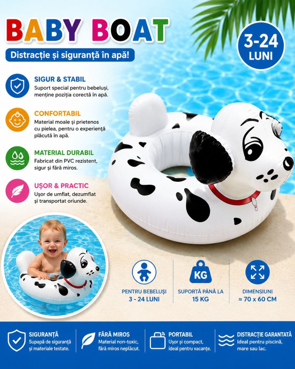 Colac Gonflabil Cățel pentru Bebeluși – Baby Boat 70x60 cm, Model Dalmațian, Sigur și Confortabil