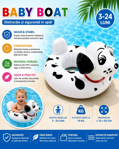 Colac Gonflabil Cățel pentru Bebeluși – Baby Boat 70x60 cm, Model Dalmațian, Sigur și Confortabil