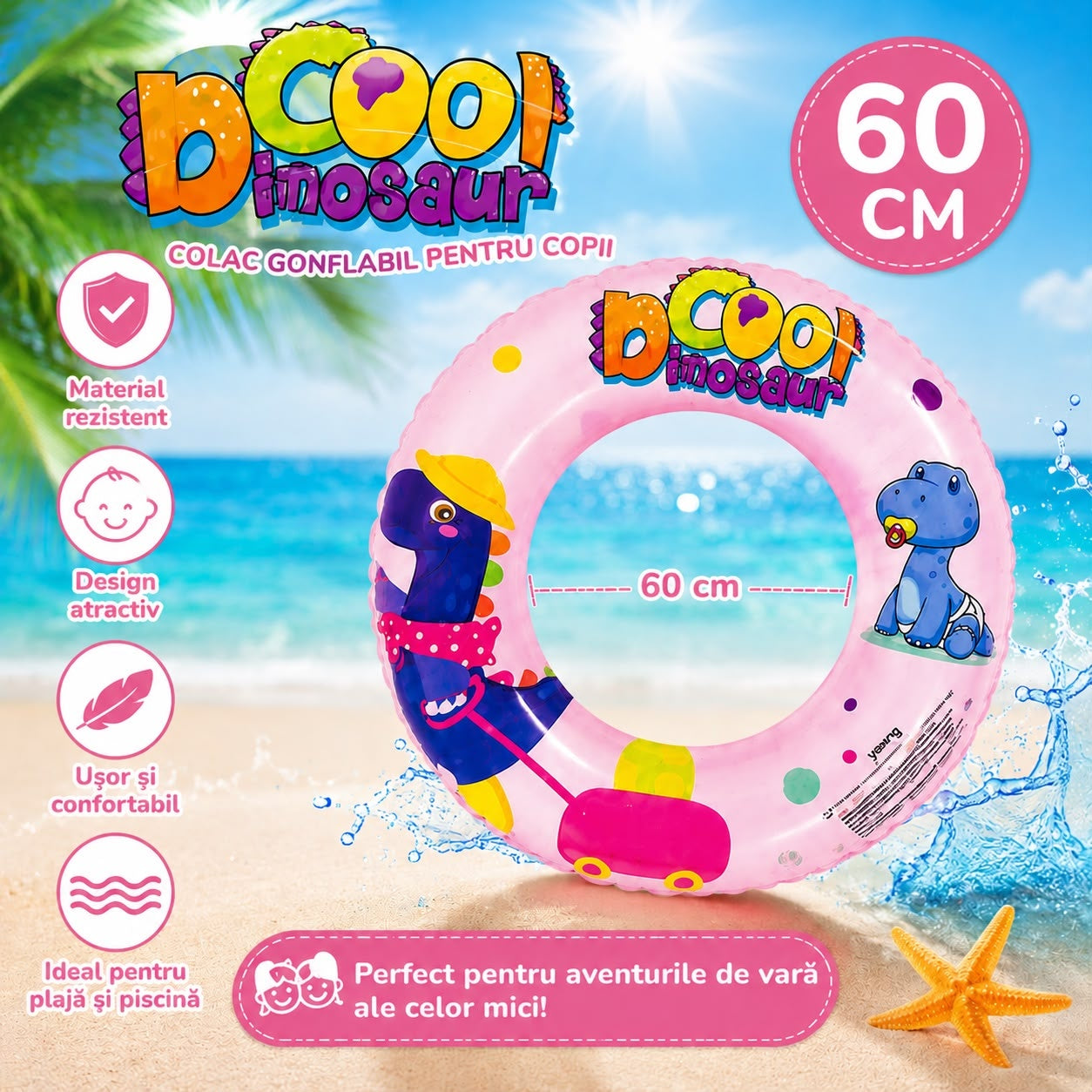 Colac Gonflabil Copii 60 cm cu Model Dinozauri Roz – Pentru Piscină, Plajă și Vacanțe de Vară