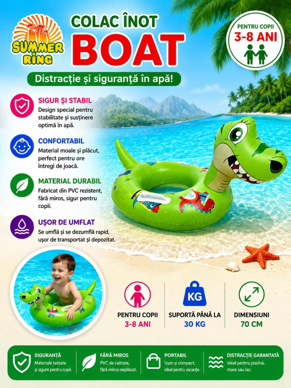 Colac gonflabil copii Boat Dino, 70 cm, model dinozaur verde, pentru piscină și plajă