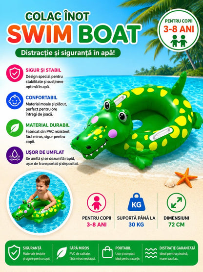 Colac gonflabil copii crocodil 72 cm pentru piscina si plaja, model vesel verde