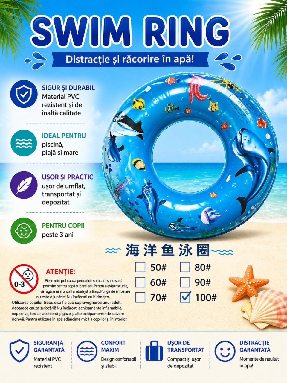Colac gonflabil copii cu delfini, 100 cm, albastru, pentru piscina si mare