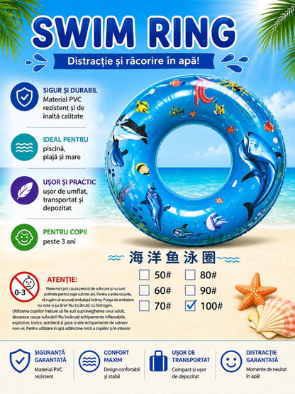 Colac gonflabil copii cu delfini, 100 cm, albastru, pentru piscina si mare