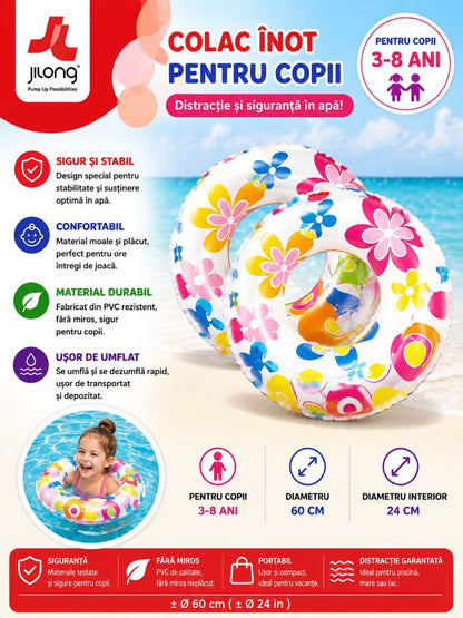 Colac gonflabil copii cu flori colorate, 60 cm, pentru piscina, mare si vacante