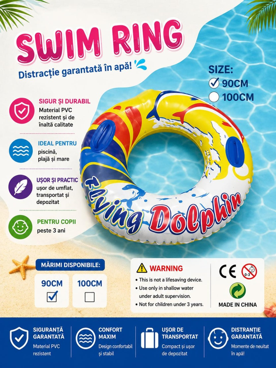 Colac gonflabil copii cu manere, model delfini, 90 cm, pentru piscina si mare