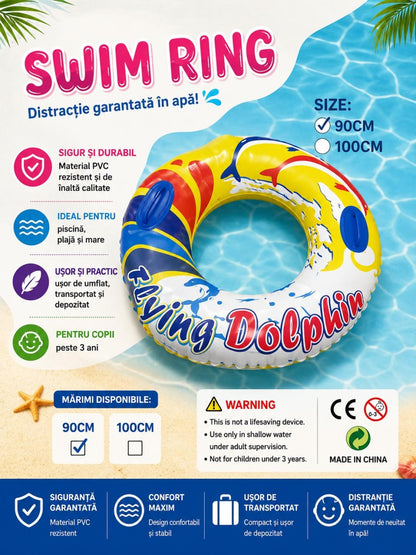 Colac gonflabil copii cu manere, model delfini, 90 cm, pentru piscina si mare