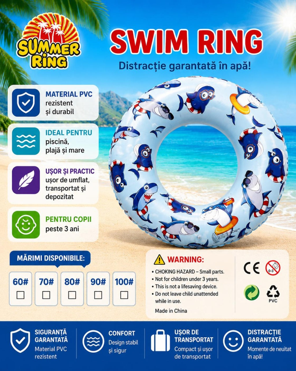 Colac gonflabil cu rechini pentru copii, 90 cm, ideal pentru piscina, plaja si mare