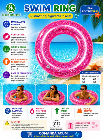 Colac Gonflabil cu Slipici Roz 100 cm – Colac de Înot Glitter pentru Piscină și Plajă