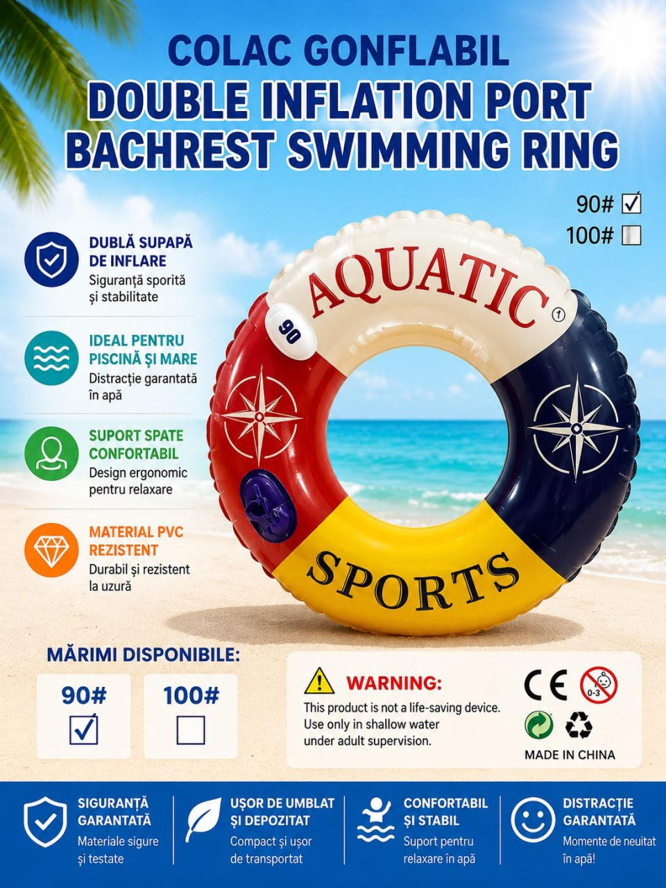 Colac gonflabil cu spătar, Double Inflation Port Aquatic Sports, 90 cm, pentru piscină și mare