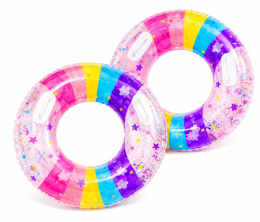 Colac gonflabil curcubeu pentru copii, 90 cm, cu manere, ideal piscina si mare