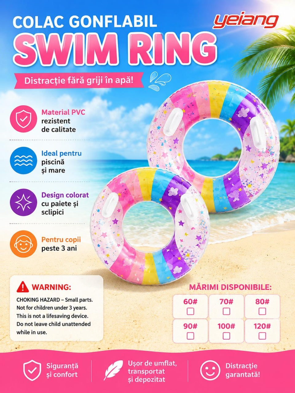 Colac gonflabil curcubeu pentru copii, 90 cm, cu manere, ideal piscina si mare