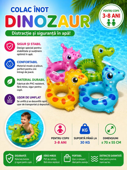 Colac gonflabil dinozaur albastru pentru copii, 70 x 55 cm, ușor de transportat