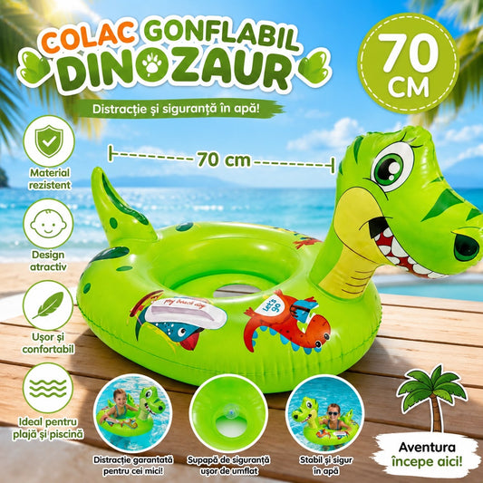 Colac Gonflabil Dinozaur pentru Copii 70 cm – Colac Verde cu Cap Dinozaur, pentru Piscină și Plajă