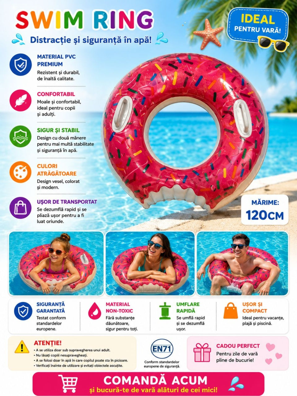 Colac Gonflabil Gogoașă Roz 120 cm – Colac de Înot pentru Piscină și Plajă