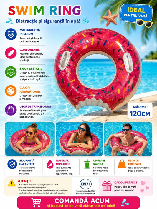 Colac Gonflabil Gogoașă Roz 120 cm – Colac de Înot pentru Piscină și Plajă
