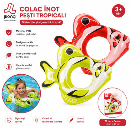 Colac Gonflabil Înot Verde în Formă de Peștișor Tropical, 79 x 86 cm, PVC Rezistent, pentru Copii 3+