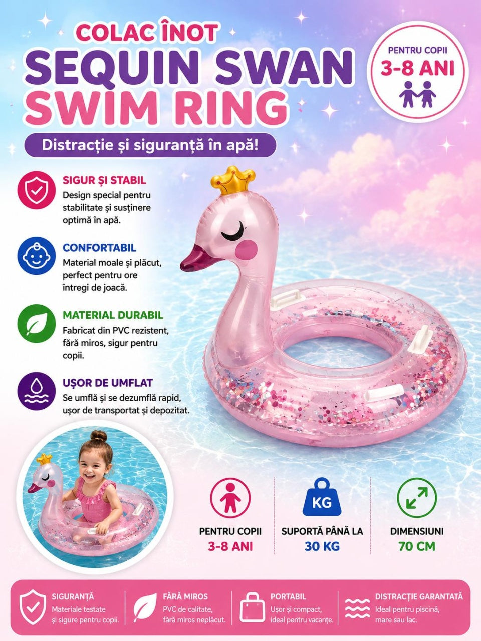 Colac gonflabil lebada cu sclipici pentru copii, 70 cm, roz, piscina si mare