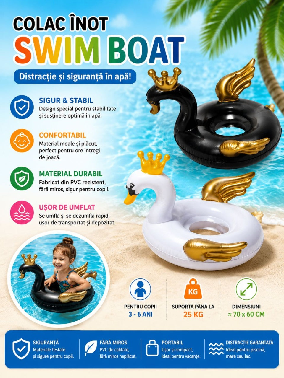 Colac Gonflabil Lebădă Neagra pentru Copii – Swim Boat , 70x60 cm