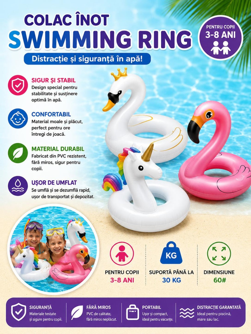 Colac gonflabil lebada pentru copii 3-8 ani, 60 cm, alb, pentru piscina si plaja