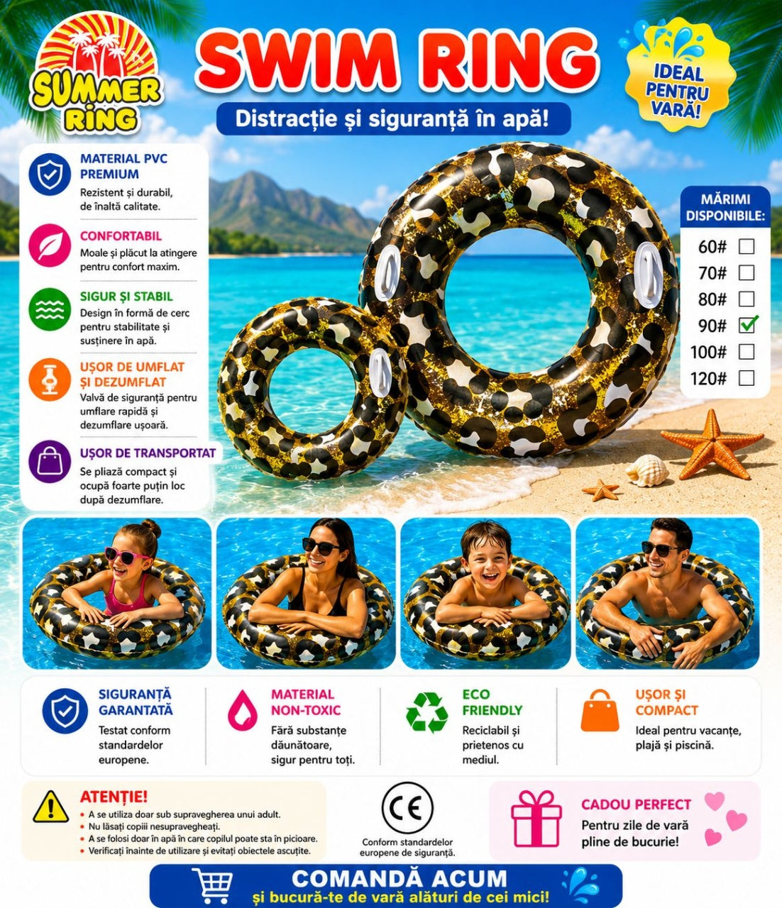Colac Gonflabil Leopard 120 cm – Colac de Înot cu Model Animal Print pentru Piscină și Plajă