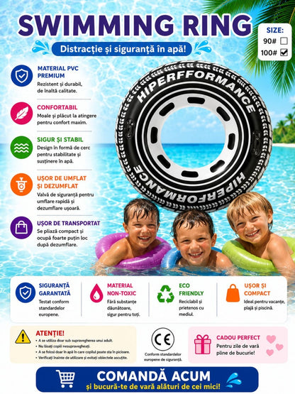 Colac Gonflabil model Anvelopa 100 cm – Colac de Înot Negru pentru Piscină și Plajă