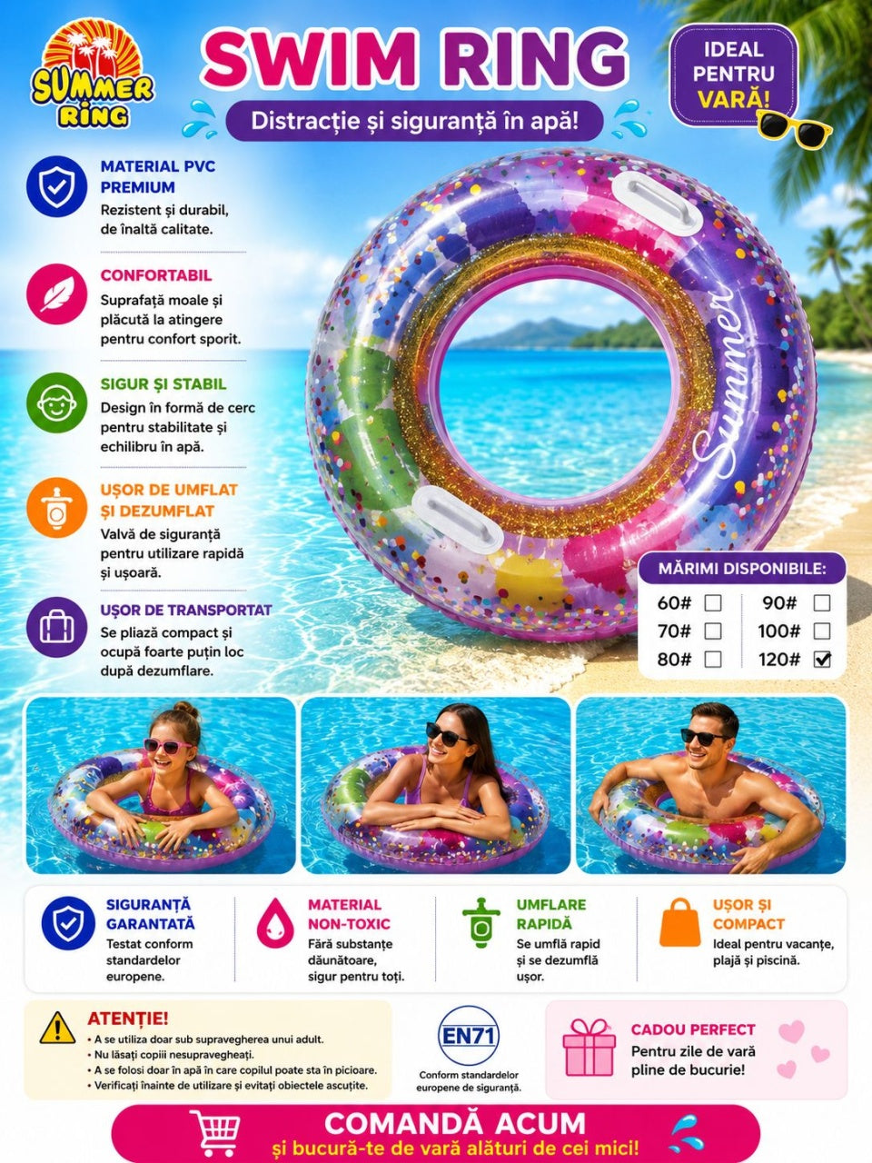 Colac Gonflabil Multicolor 120 cm – Colac de Înot pentru Piscină și Plajă