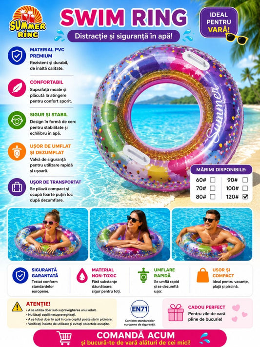 Colac Gonflabil Multicolor 120 cm – Colac de Înot pentru Piscină și Plajă