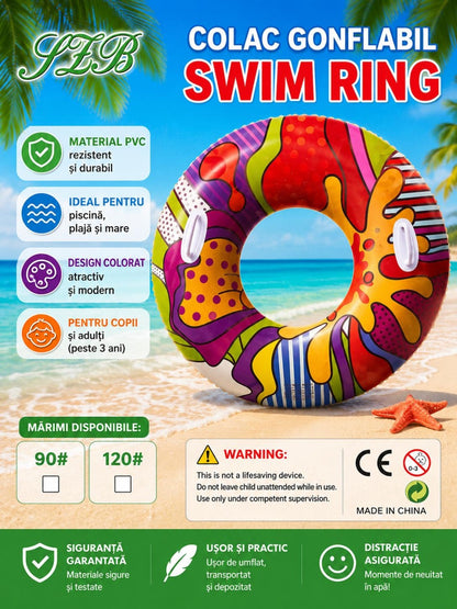 Colac gonflabil multicolor pentru copii si adulti, 90 cm, ideal piscina si mare