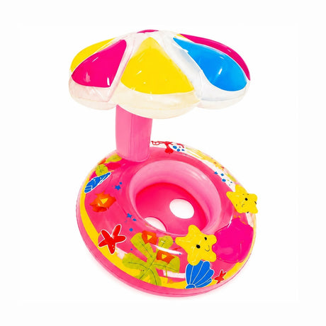 Colac Gonflabil pentru Bebeluși cu Parasolar – Roz, Model Marin, pentru Piscină și Plajă