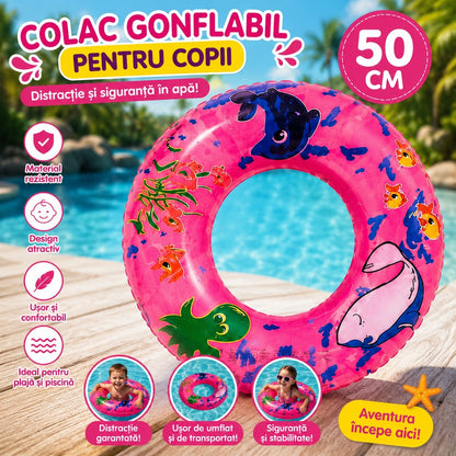 Colac Gonflabil pentru Copii 50 cm cu Imprimeu Marin Roz – Delfini și Pești Colorați, pentru Piscină și Plajă