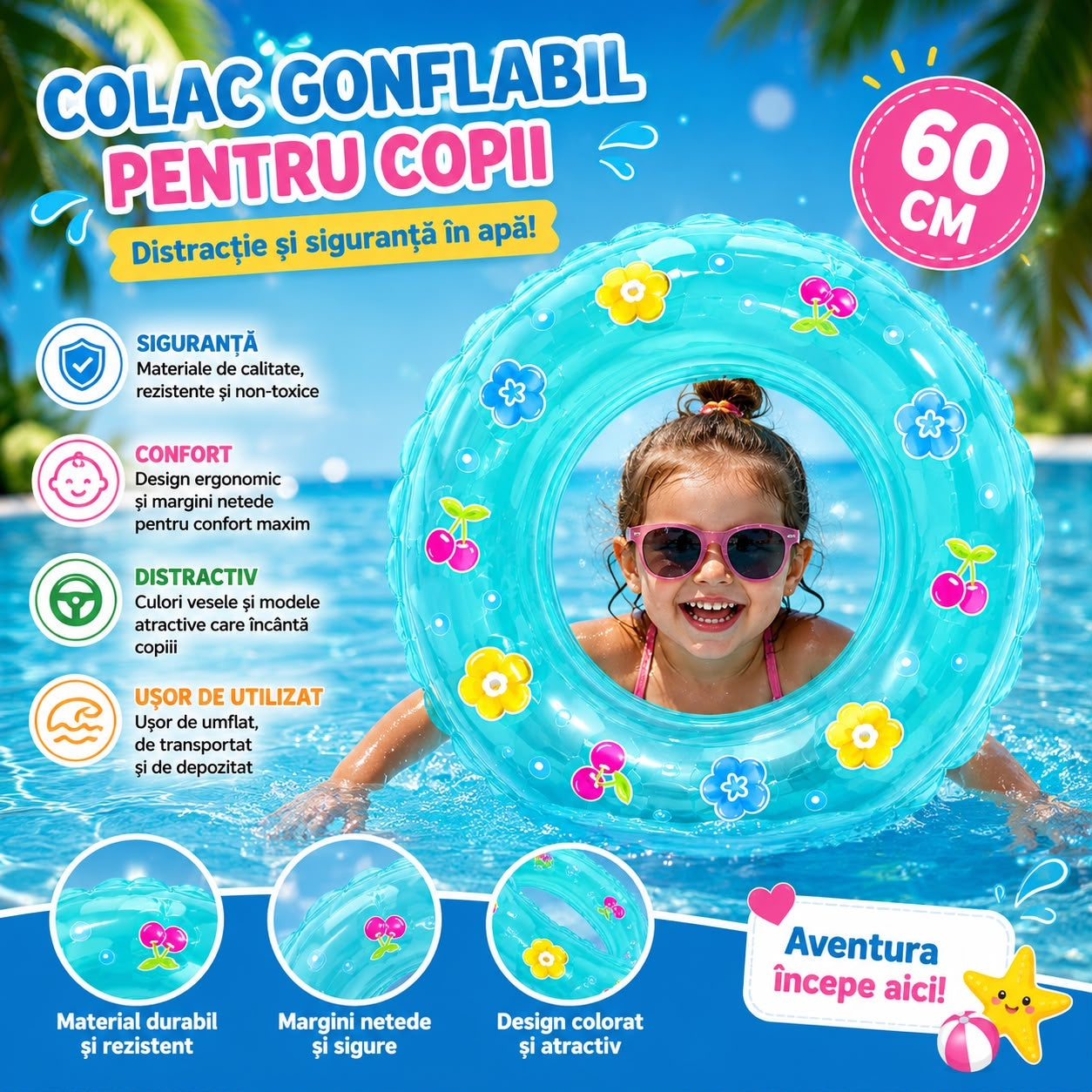 Colac Gonflabil pentru Copii 60 cm cu Model Floral și Cireșe – Colac de Înot PVC pentru Piscină și Mare