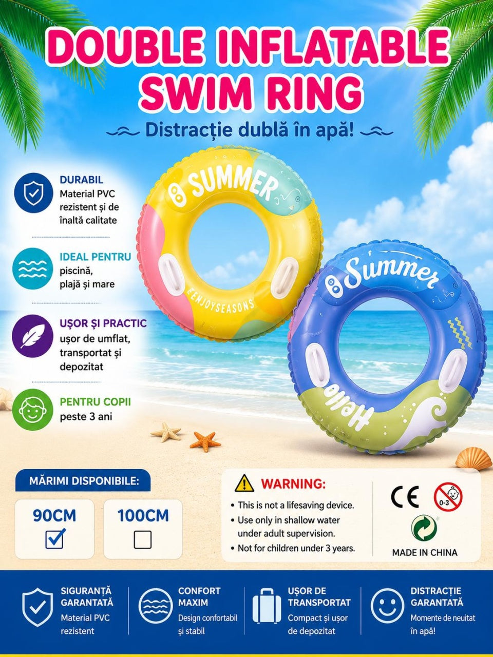 Colac gonflabil pentru copii, 90 cm, cu manere, ideal piscina si mare
