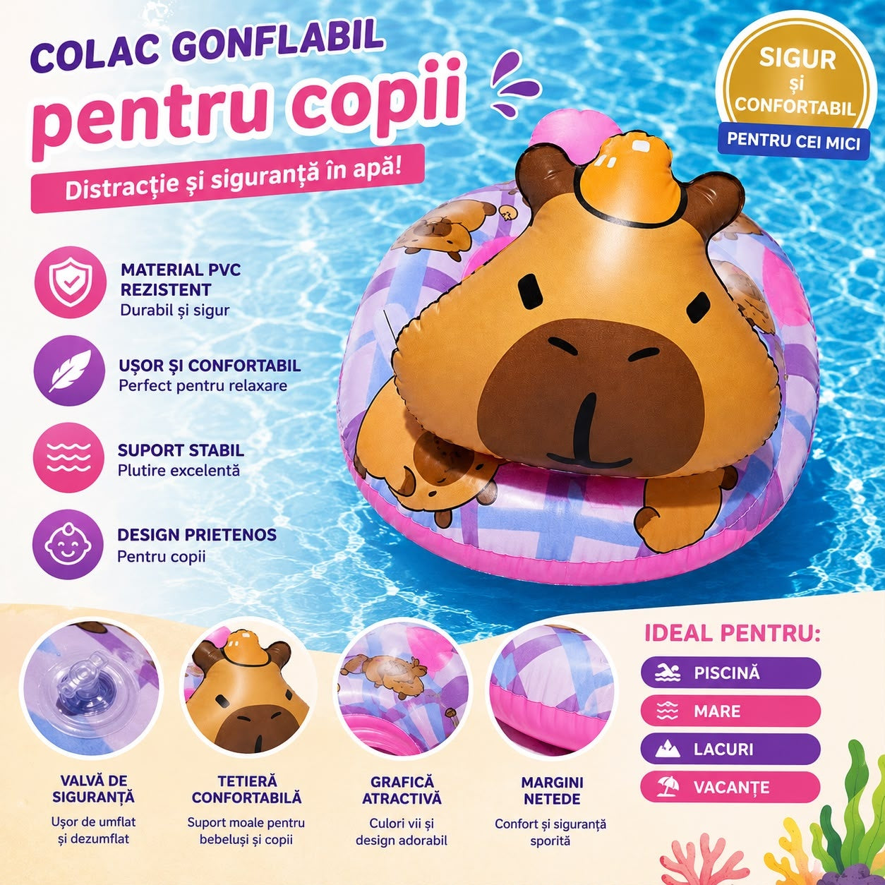 Colac Gonflabil pentru Copii cu Tetieră Animaluț – Colac de Înot Sigur și Confortabil pentru Piscină