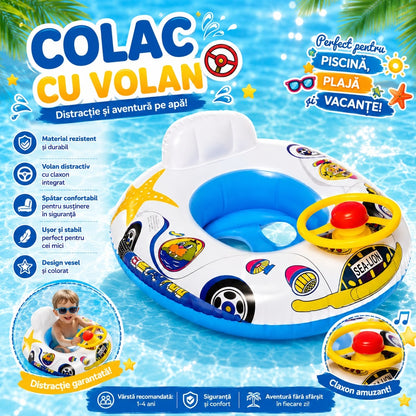 Colac Gonflabil pentru Copii cu Volan și Claxon – Model Mașinuță, Spătar Confortabil, 1-4 Ani