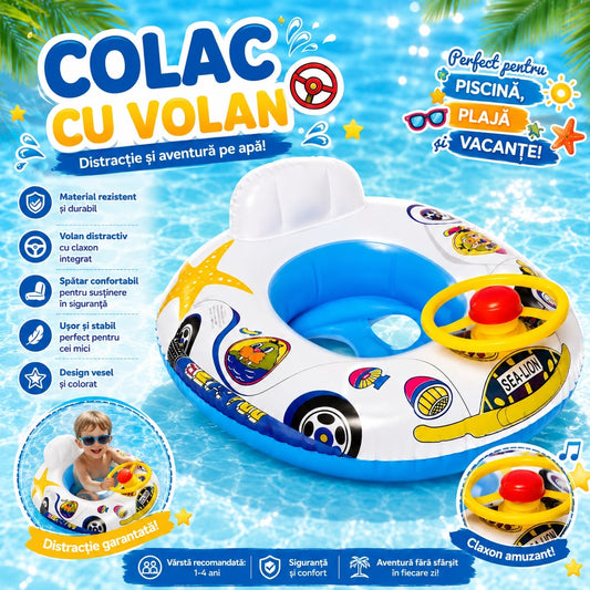 Colac Gonflabil pentru Copii cu Volan și Claxon – Model Mașinuță, Spătar Confortabil, 1-4 Ani