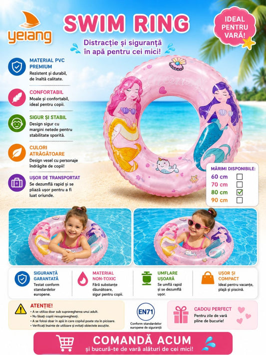 Colac Gonflabil pentru Copii Roz cu Sirene,60 cm, PVC Premium, pentru Piscina si Mare