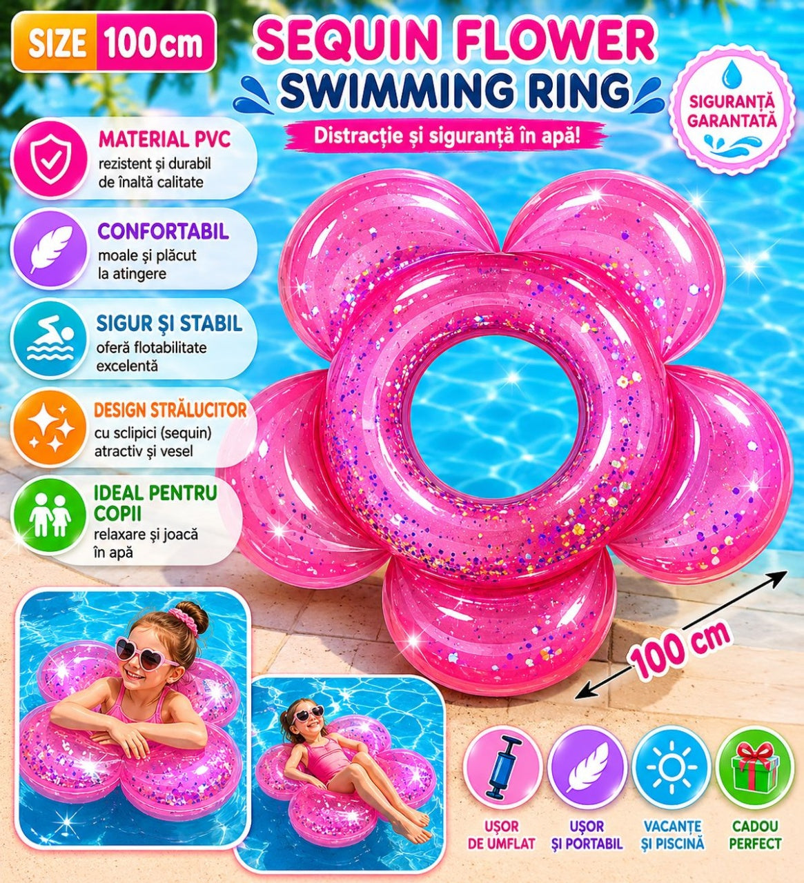 Colac Gonflabil pentru Copii Roz, Model Floare cu Sclipici, 100 cm , PVC Rezistent
