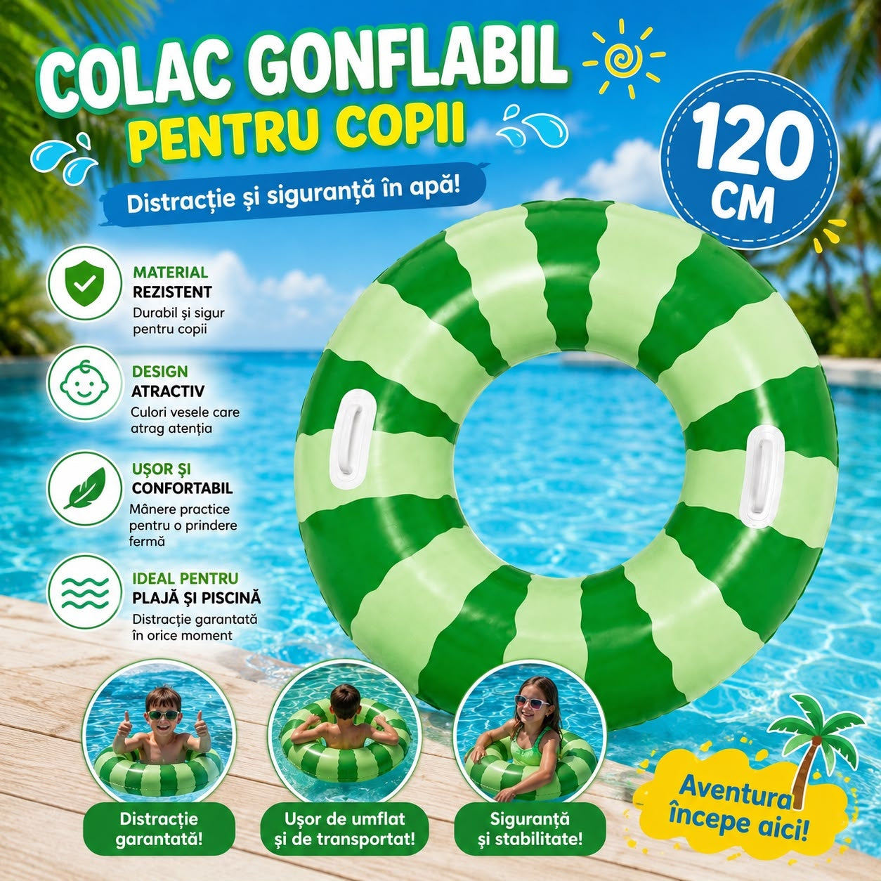 Colac Gonflabil Pepene Verde pentru Copii, 120 cm – Colac de Înot cu Mânere pentru Piscină și Plajă