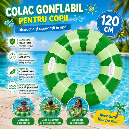Colac Gonflabil Pepene Verde pentru Copii, 120 cm – Colac de Înot cu Mânere pentru Piscină și Plajă