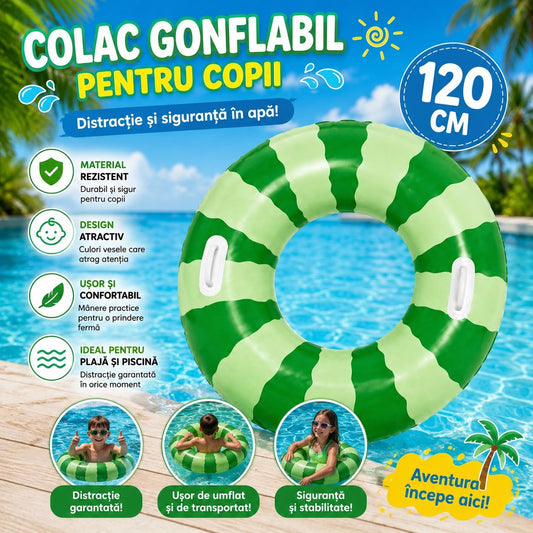 Colac Gonflabil Pepene Verde pentru Copii, 120 cm – Colac de Înot cu Mânere pentru Piscină și Plajă