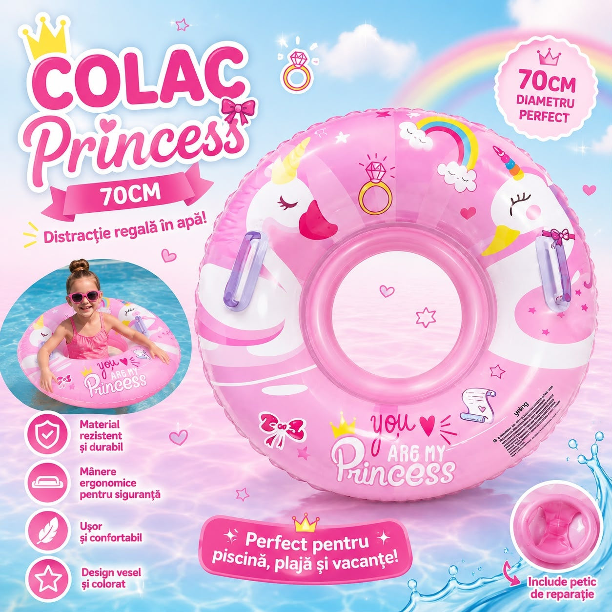 Colac Gonflabil Princess pentru Copii 70 cm cu Mânere – Roz, Model Unicorn și Curcubeu