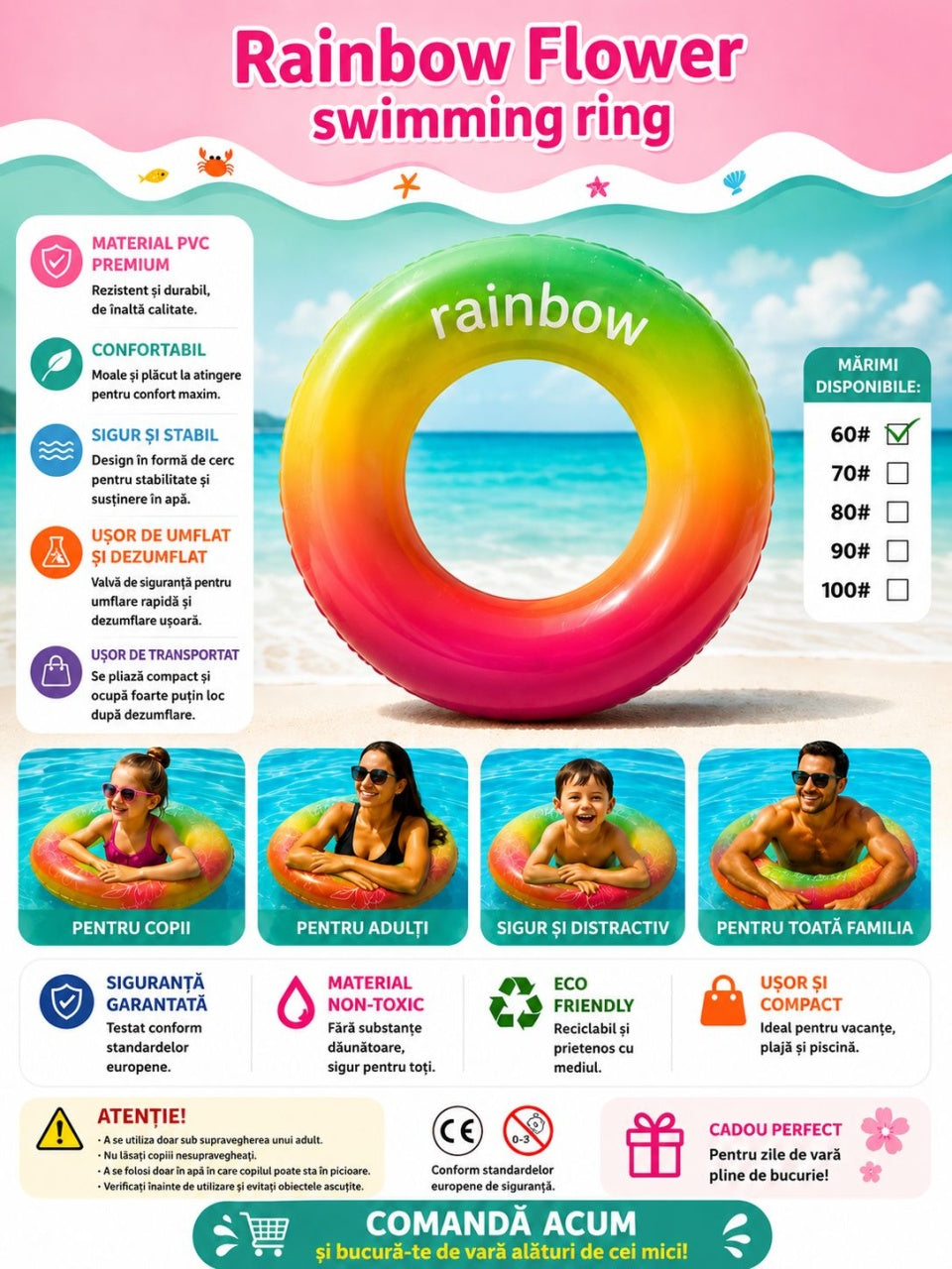 Colac Gonflabil Rainbow 60 cm – Inel de Înot Multicolor pentru Copii, Piscină și Plajă